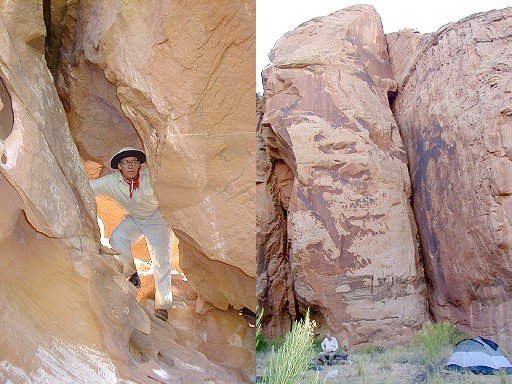 40 - Harry climbs through rocks - Peter rests on a homemade seat